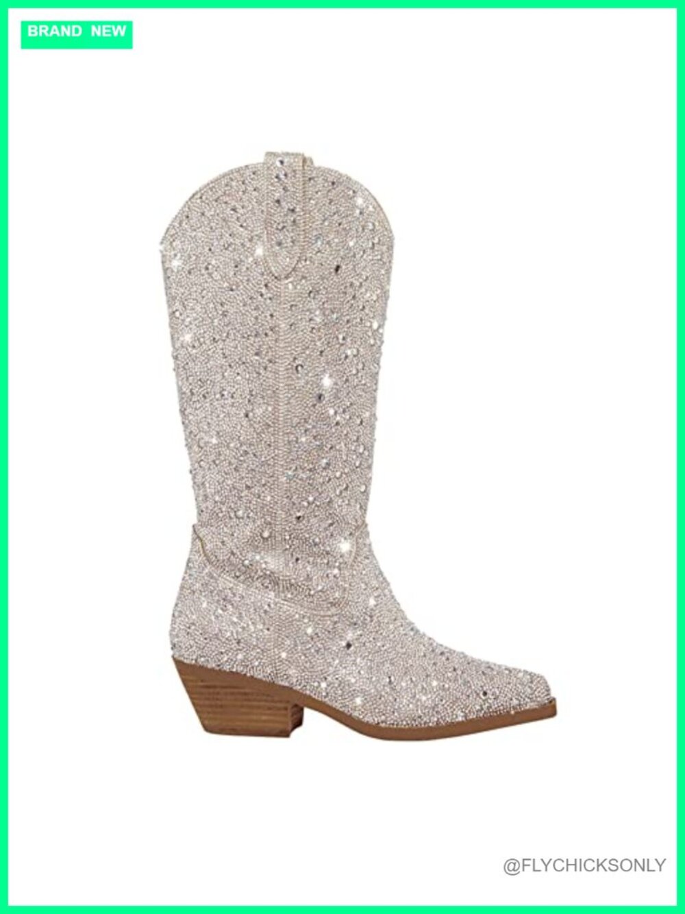 Sparkly Rhinestone Cowboy Boots Pointed Toe Block Heel Mid Calf Cowgirl Booties